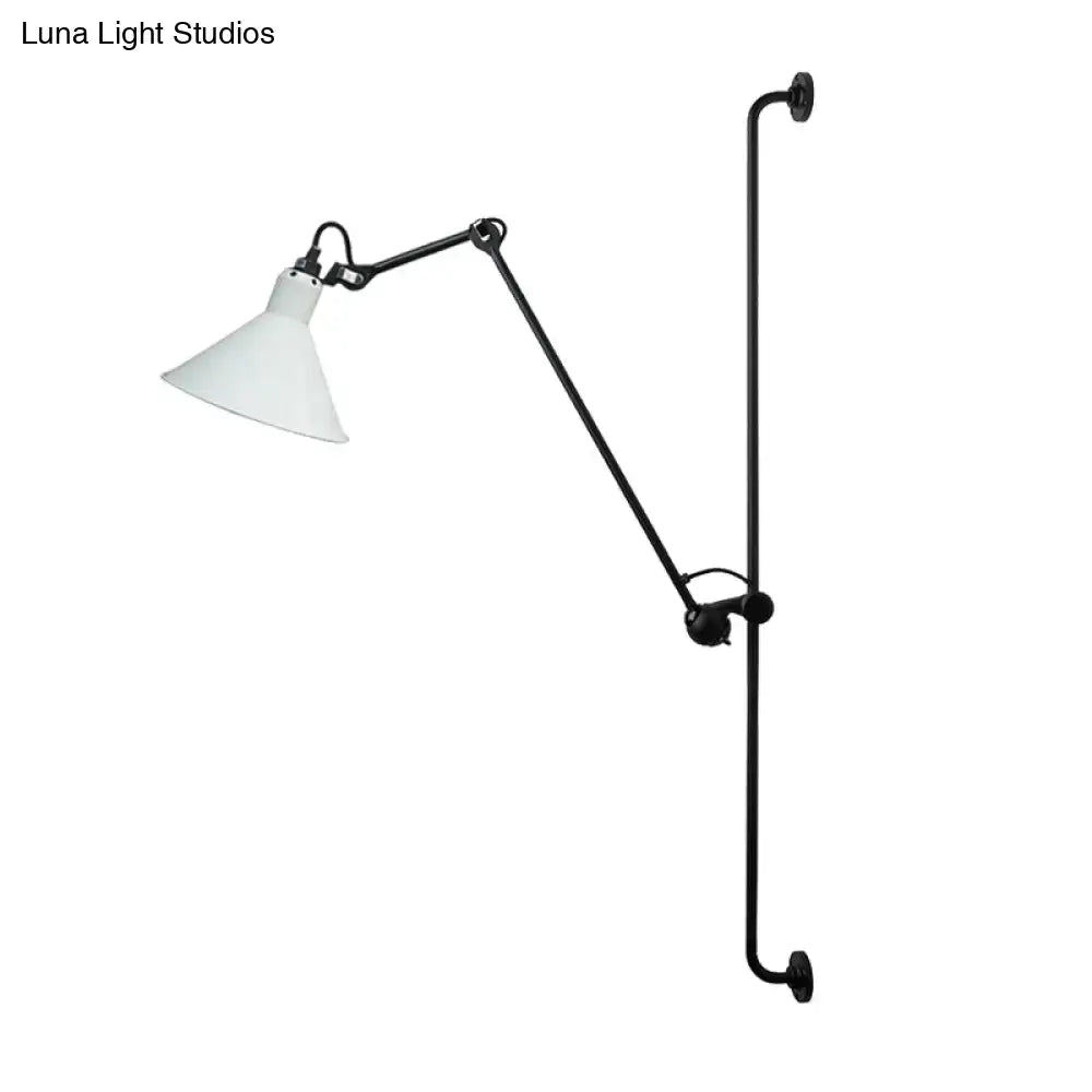 Modern black and white articulated bedroom wall lamp with white conical shade direct wired electric fixture