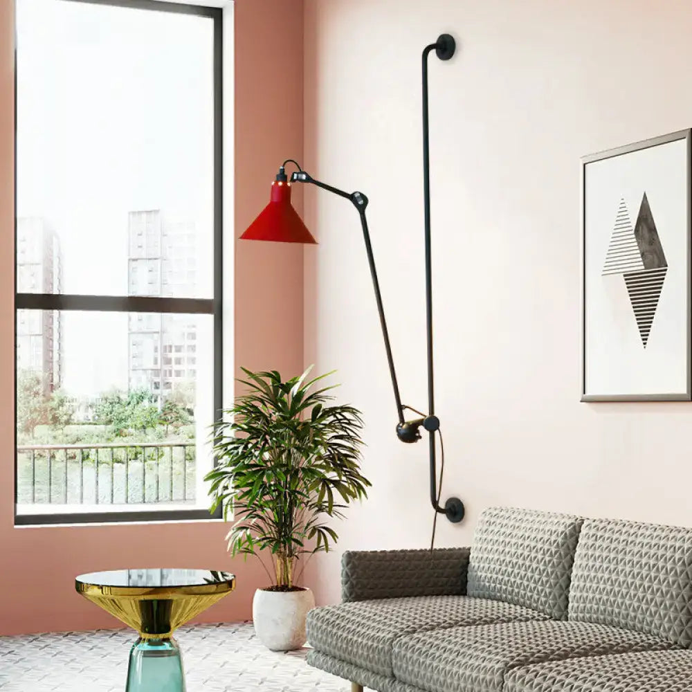 Red conical shade modern black and white articulated direct wired wall lamp with black arm for bedroom lighting