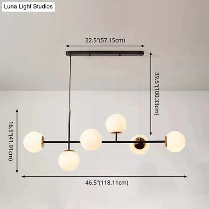 Modern black metal pendant light with five frosted glass shades linear island fixture for dining room use