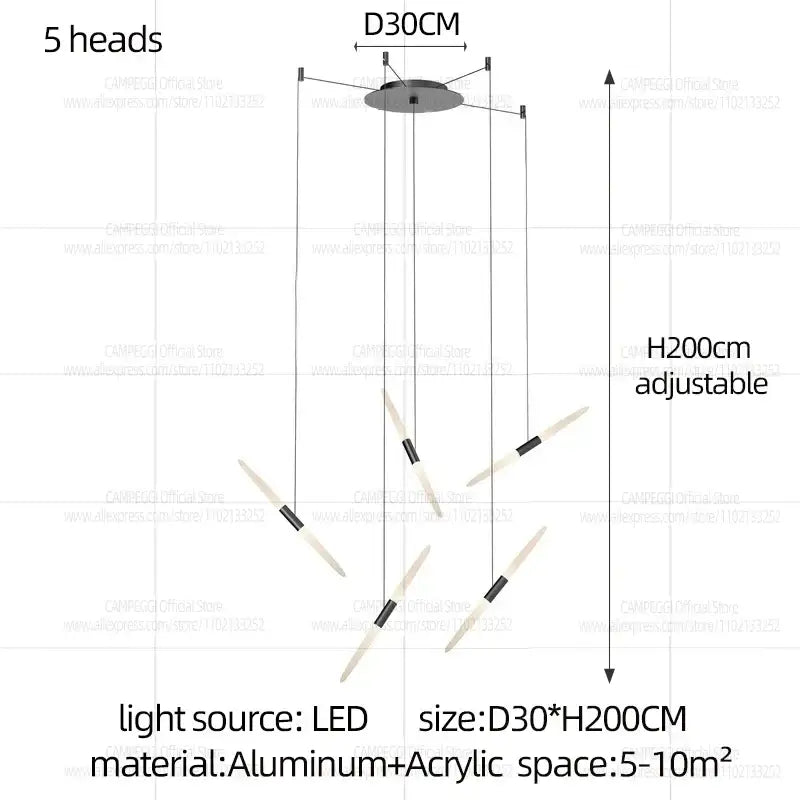 Modern black and white geometric pendant light with five slender led heads suspended from aluminum base h300cm d50 x h300cm
