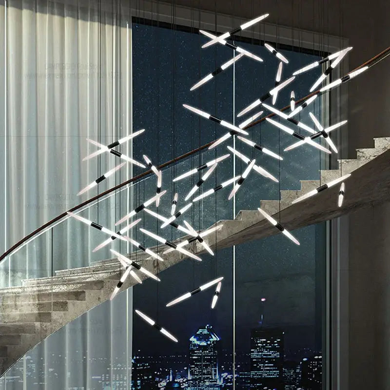 Modern black and white geometric pendant light with sleek linear elements d50 x h300cm for stairwell lighting
