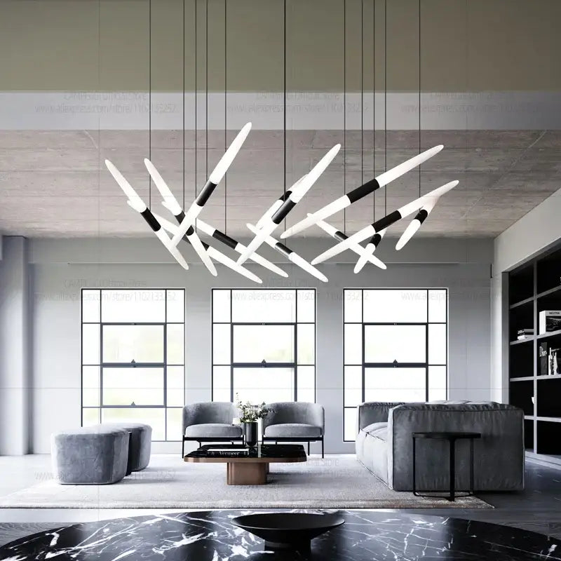Modern black and white striped pendant light with sleek angular design d50 x h300cm for stairwell lighting