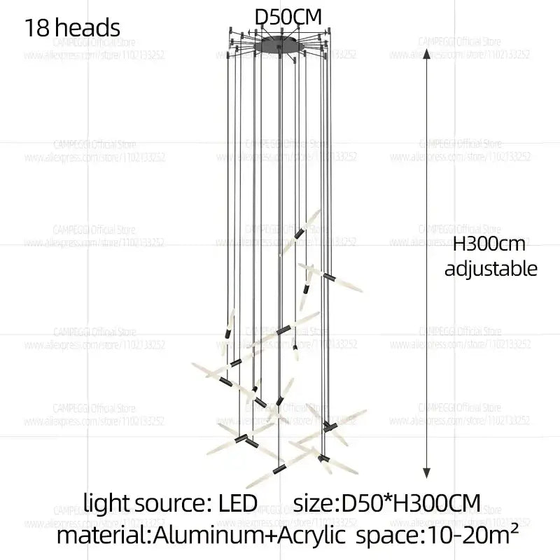 Modern black and white pendant light with 18 aluminum and acrylic hanging heads d50 x h300cm for stairwell lighting