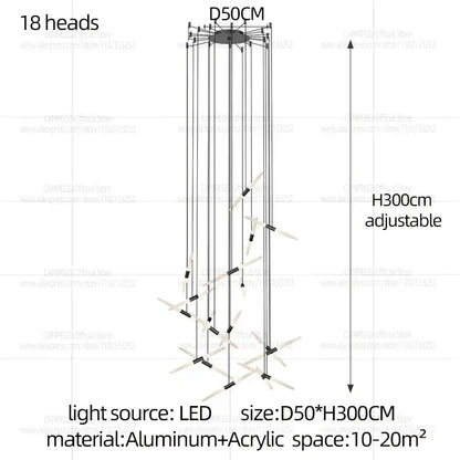 Modern black and white pendant light with 18 aluminum and acrylic hanging heads d50 x h300cm for stairwell lighting