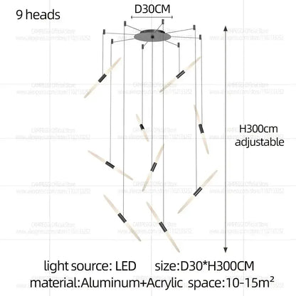 Modern black and white geometric pendant light d50 x h300cm with nine adjustable aluminum and acrylic heads for stairwells