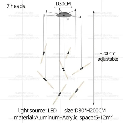 Modern black and white geometric stairwell pendant light with seven off-white acrylic arms and black accents d50 x h300cm