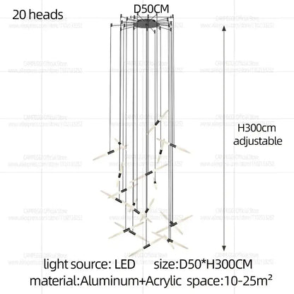 Modern black and white geometric pendant light d50 x h300cm with 20 sleek angular led heads on aluminum frame