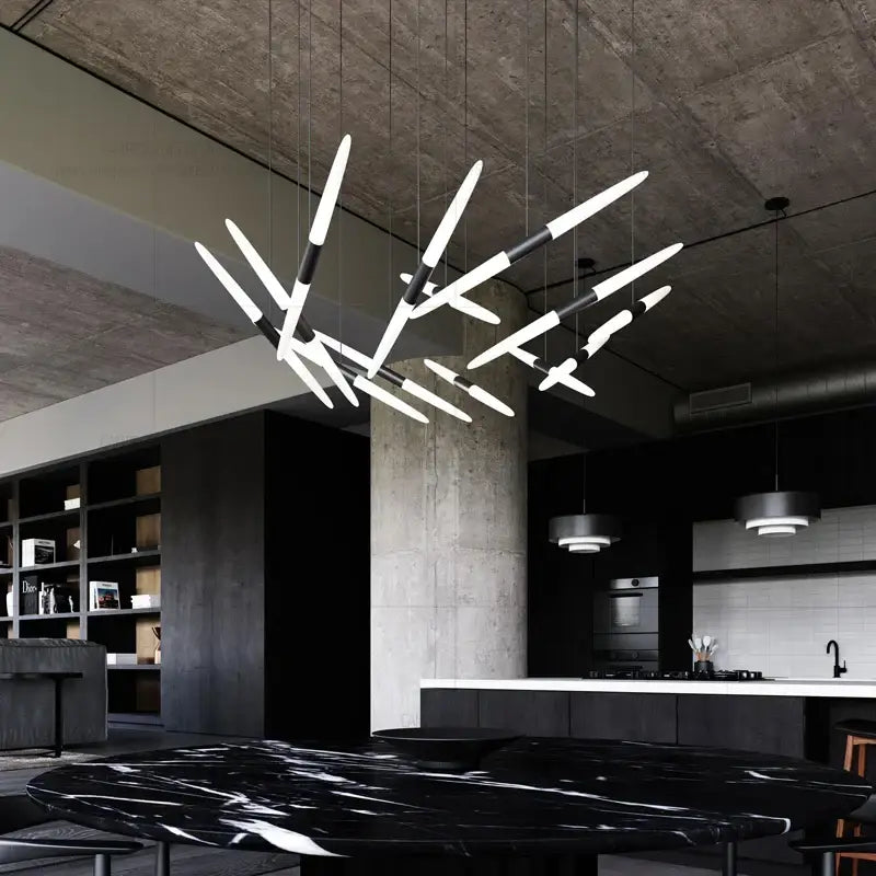 Modern black and white linear pendant light fixture with geometric design d50 x h300cm suspended from ceiling