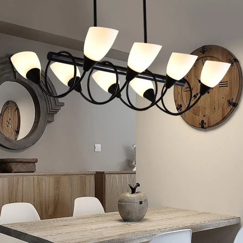 Modern black metal kitchen pendant light fixture with six frosted white glass shades for kitchen lighting