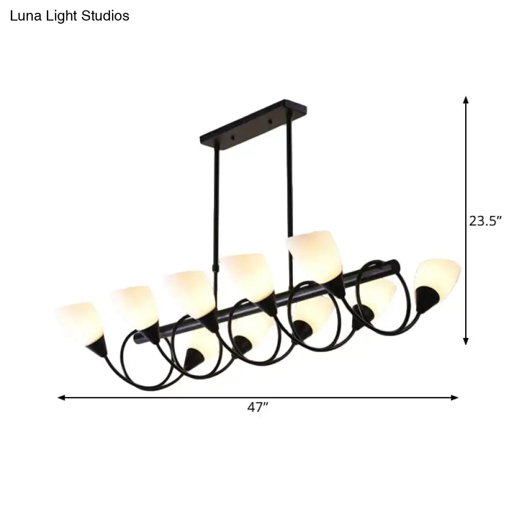 Modern black metal kitchen pendant light fixture with eight frosted glass shades in a curved design