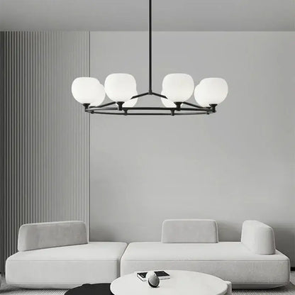 Modern black pendant lamp with five frosted white glass pendant shades for dining room lighting