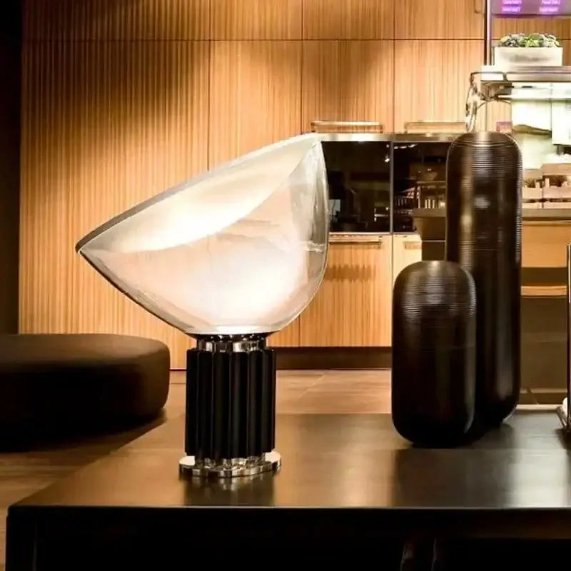 Modern black and white glass radar shade led desk lamp with sleek translucent dome and black ribbed base for bedroom use