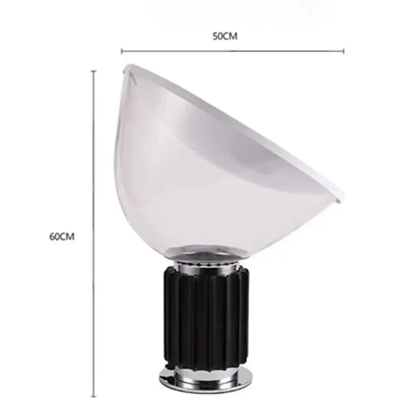 Modern black and white glass radar shade led desk lamp with acrylic body and chrome accents for bedroom use