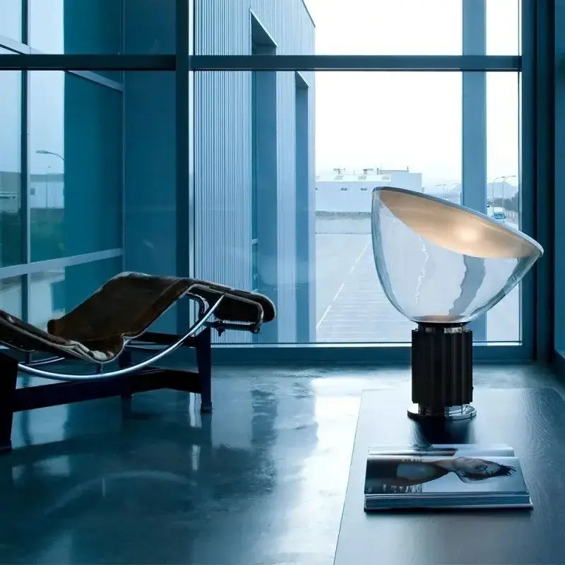 Modern black and white glass radar shade led desk lamp with sleek bowl-shaped translucent shade and dark metallic base