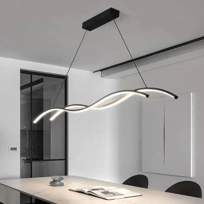 Modern black and white rectangular led pendant light with sleek wavy design for dining room illumination