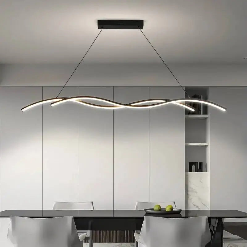 Modern black and white rectangular led pendant light with sleek wave design ideal for dining room lighting