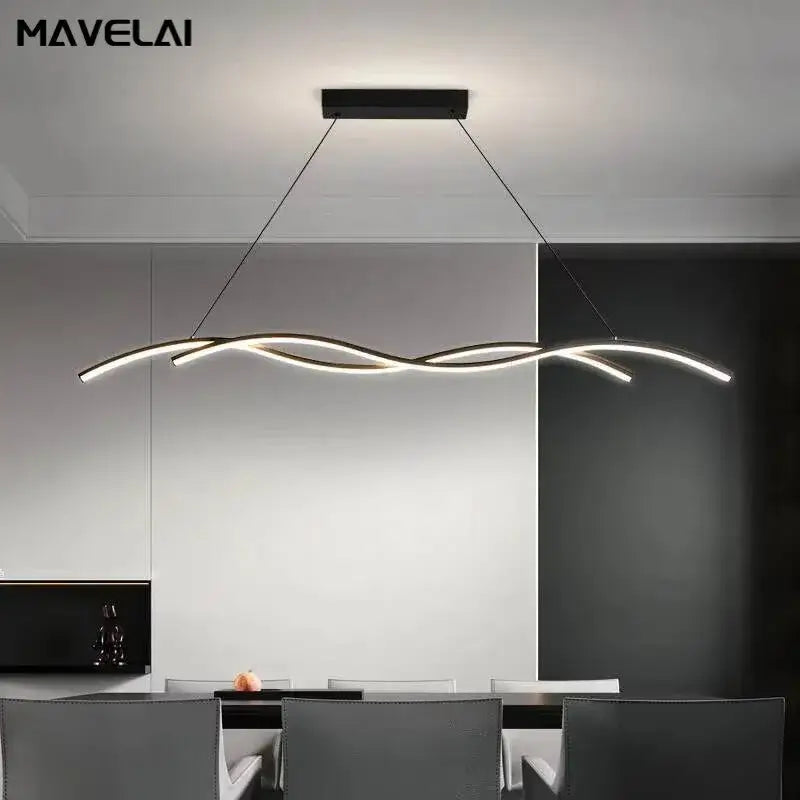 Modern black and white rectangular led pendant light with sleek flowing strips emitting warm glow for dining room