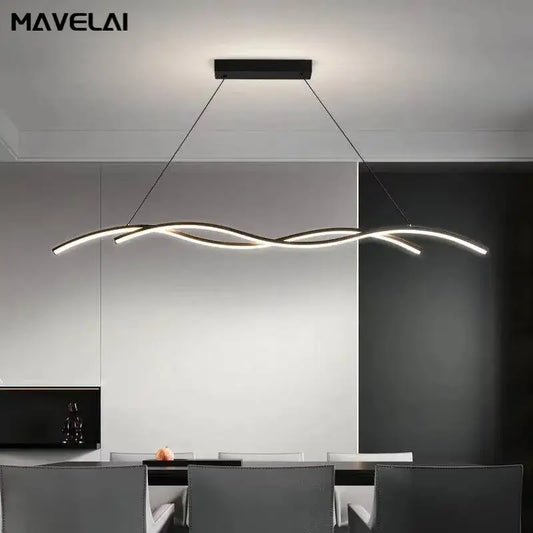 Modern black and white rectangular led pendant light with sleek flowing strips emitting warm glow for dining room