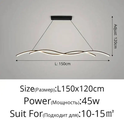 Modern black and white rectangular led pendant light with sleek wavy design for dining room illumination