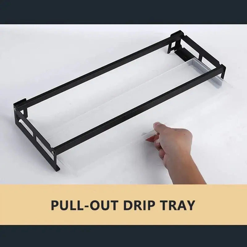 Modern black and white two tier dish drainer rack with black metal pull-out drip tray and clear plastic insert