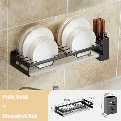 Modern black metal two tier dish drainer rack with integrated chopstick holder and sleek wall mount design