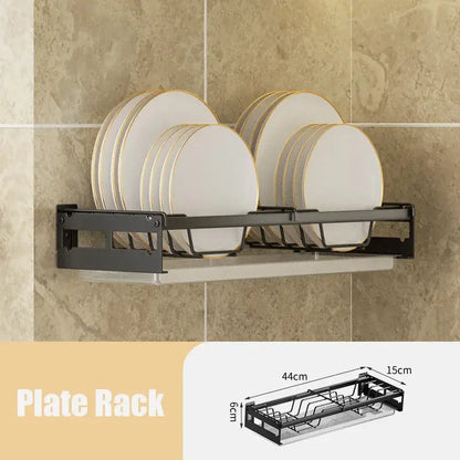 Modern black metal dish drainer rack with two tiers holding white plates edged in gold for kitchen storage