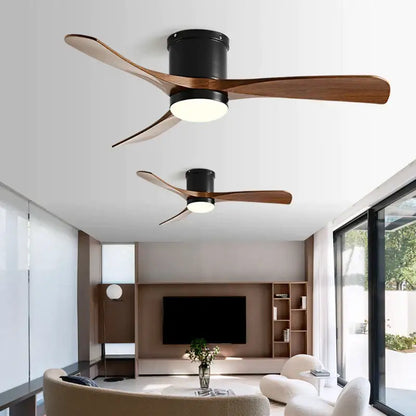 Modern black and wood 46in led ceiling fan with sleek motor housing and warm wooden blades for bedroom decorbites 46in led