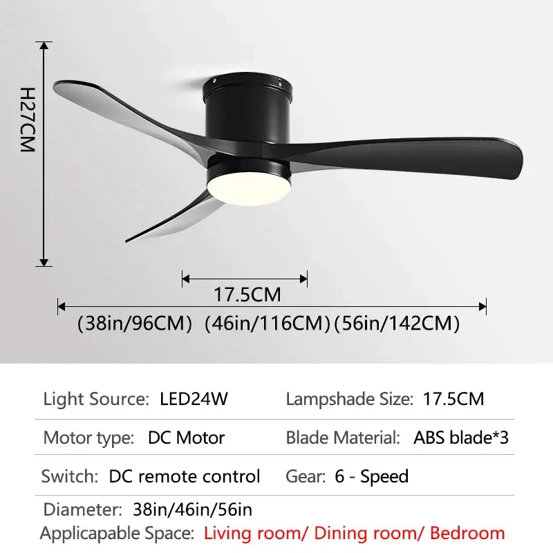 Modern black and wood 46in led ceiling fan with three sleek abs blades and central led light for bedrooms decorbites 46in led