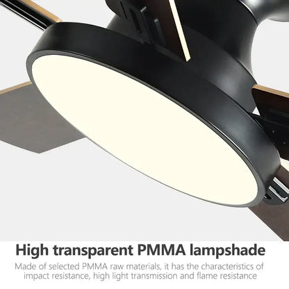 Modern black and wood ceiling fan light with black pmma lampshade featuring sleek edges and soft white light emission
