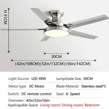 Modern black and wood ceiling fan light with five stainless steel blades and integrated led fan light for living room