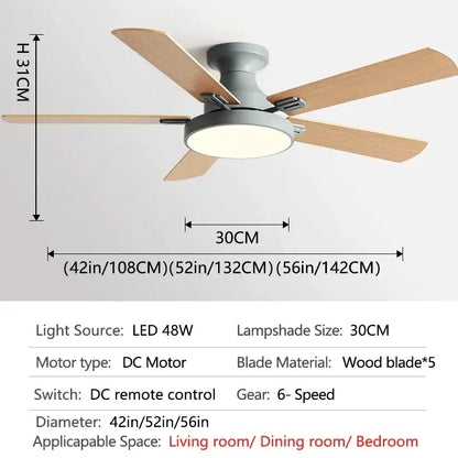 Modern black and wood ceiling fan light with five light wooden blades and integrated led lampshade for living room