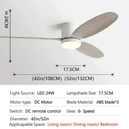 White ceiling fan with three light-gray abs blades and built-in led lamp for modern black dc ceiling with remote control