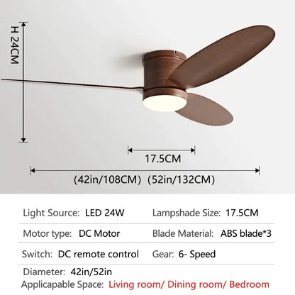 Modern black dc ceiling fan with remote control featuring a brown wooden-finish three abs blade design and integrated led light