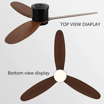 Modern black dc ceiling fan with brown wooden blades, white light fixture, and remote control for bedroom use