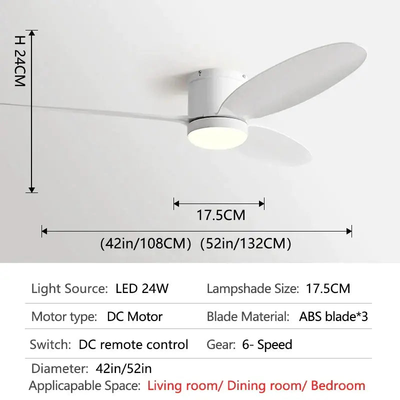 White ceiling-mounted fan with three ABS blades and integrated LED light for modern black DC ceiling fan remote control bedroom