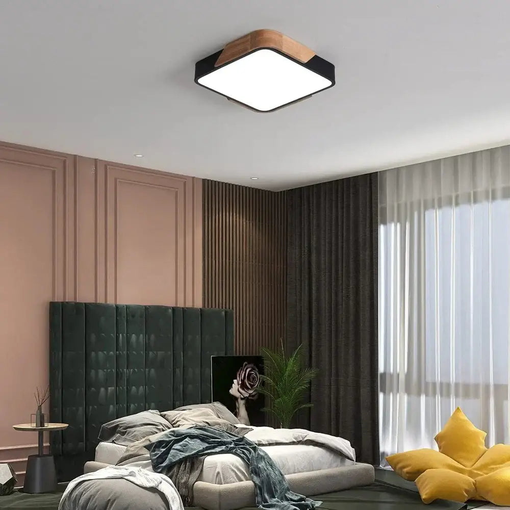 Modern black and wood led ceiling light with square frame and wooden accent panel ideal for bedroom decorbites ceiling light