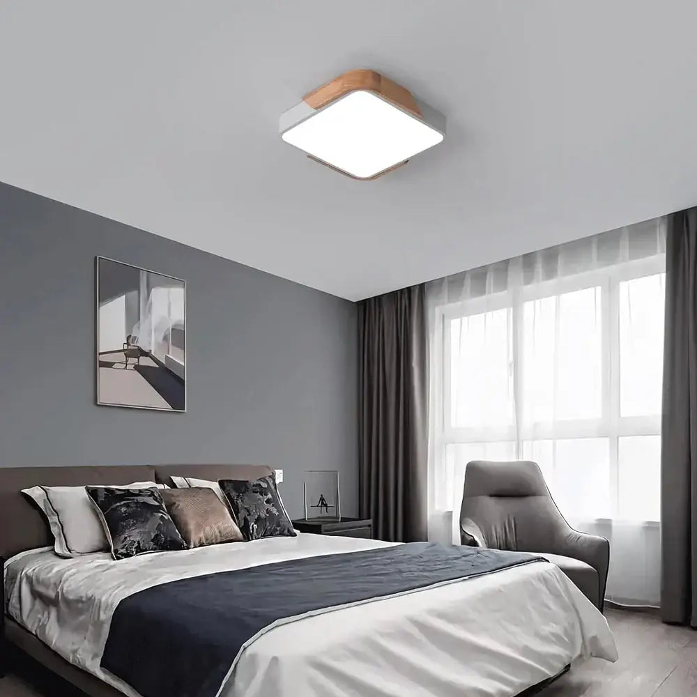 Modern black and wood led ceiling light with white illuminated panel featuring a natural wood frame for bedroom decorbites ceiling light