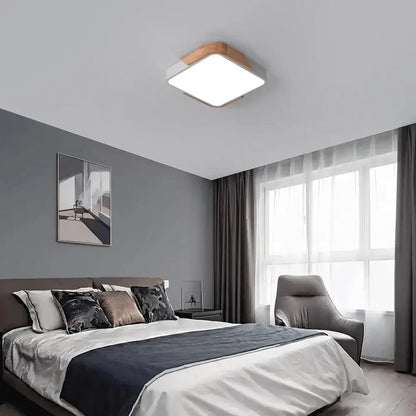 Modern black and wood led ceiling light with white illuminated panel featuring a natural wood frame for bedroom decorbites ceiling light