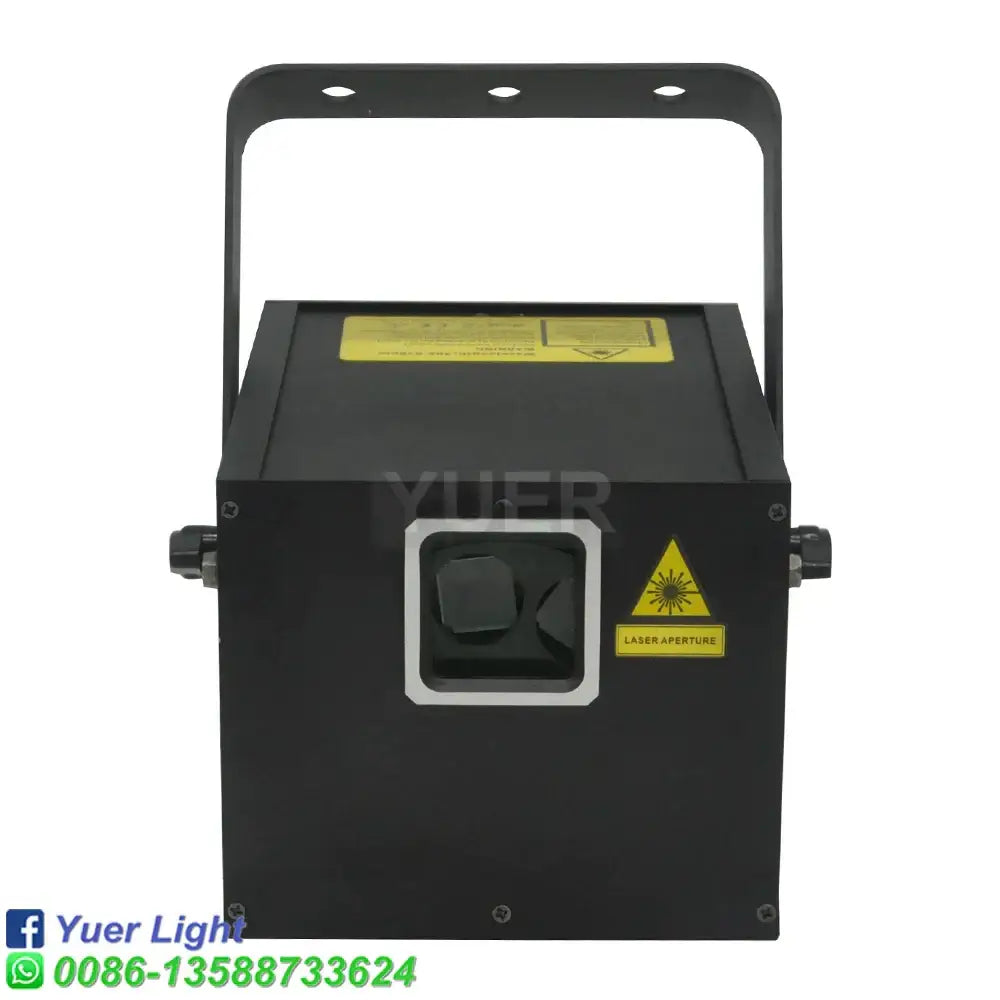Modern black animation laser light projector with handle and laser aperture warning labels for party living room use