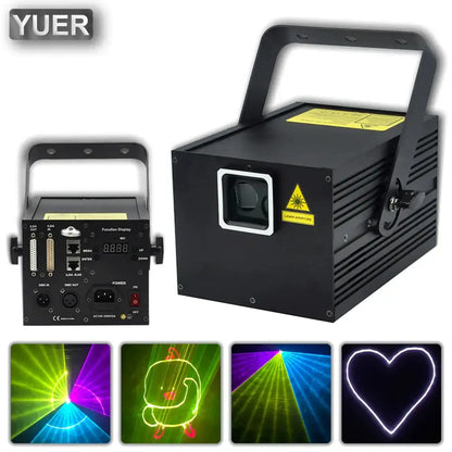 Black animation laser light projector with handle ventilation slits and warning label for party and living room use