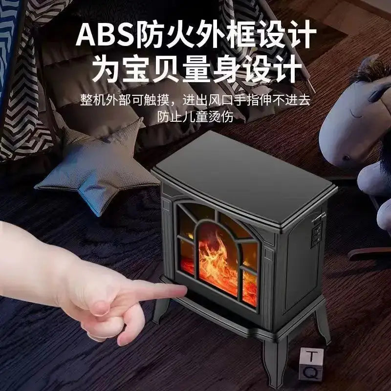Modern black arched electric fireplace heater with glass front displaying glowing flames for living room use