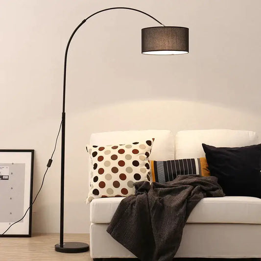 Modern black arched led floor lamp with textured fabric shade ideal for living room lighting