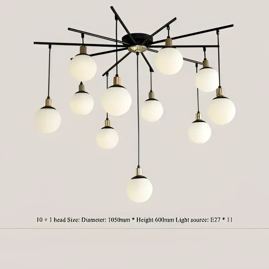 Modern black metal chandelier with ten frosted art glass ball lights and central fixture for living room decorbites art glass