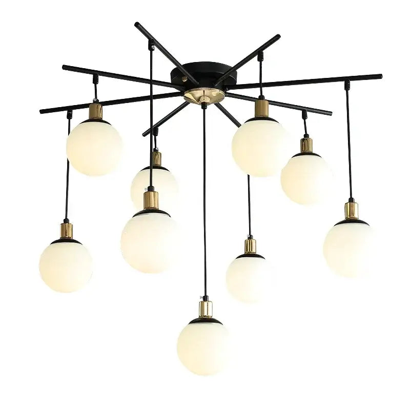 Modern black art glass ball molecule chandelier with eight frosted glass globes in black and brass for living room decorbites art glass