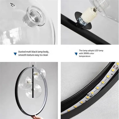 Modern black ball bubble led pendant light with dusted matte metal frame and clear glass globes for dining room