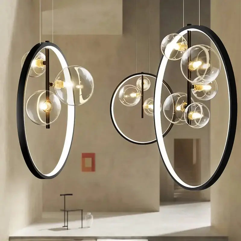 Modern black ball bubble led chandelier with black-framed pendant light and glowing glass spheres for dining room