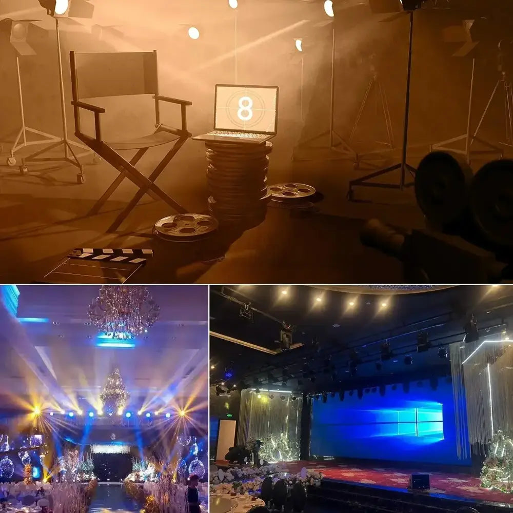 Laptop displaying number 8 on screen resting on film reels in orange-lit studio with modern black decorbites big dipper stage light