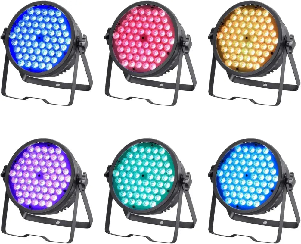 Six black circular decorbites big dipper rgb led stage lights emitting vibrant blue pink yellow orange purple and teal colors