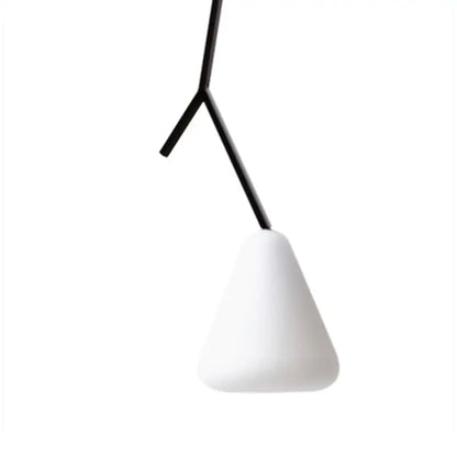 Minimalist white glass pendant light with black y-shaped metal arm for modern dining room pendant lights