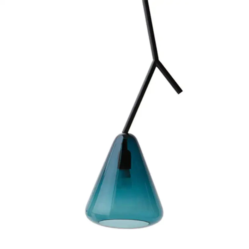 A sleek translucent teal glass pendant light with a black metal y-shaped suspension arm for modern dining rooms
